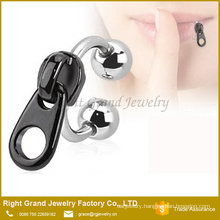 Black plated Zipper Dangle Silver Tone circular barbell Lip Horseshoe Ring